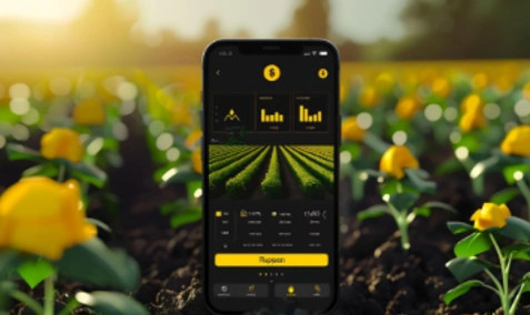 A farmer checking crop data on a tablet in a field