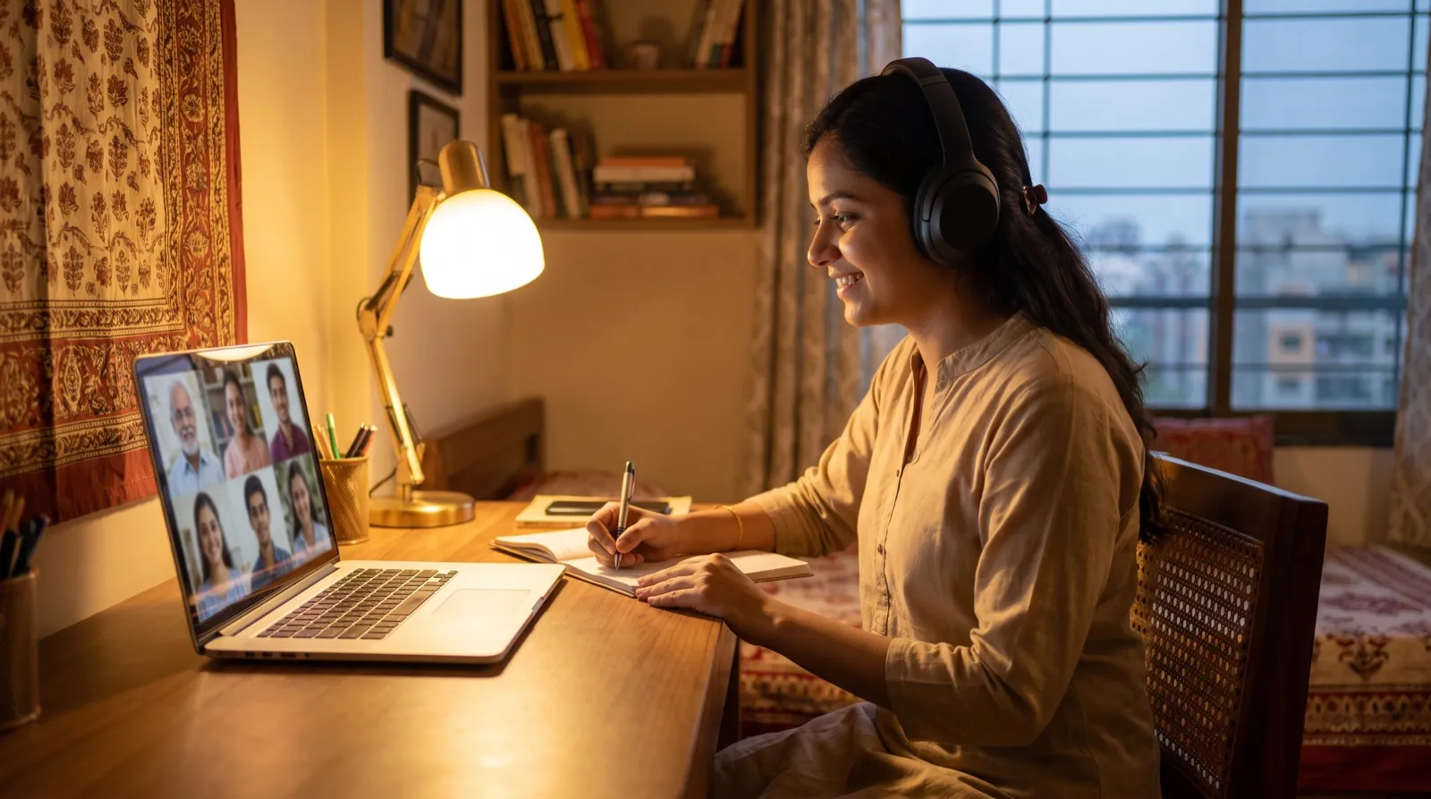 A student studying at her desk in the evening