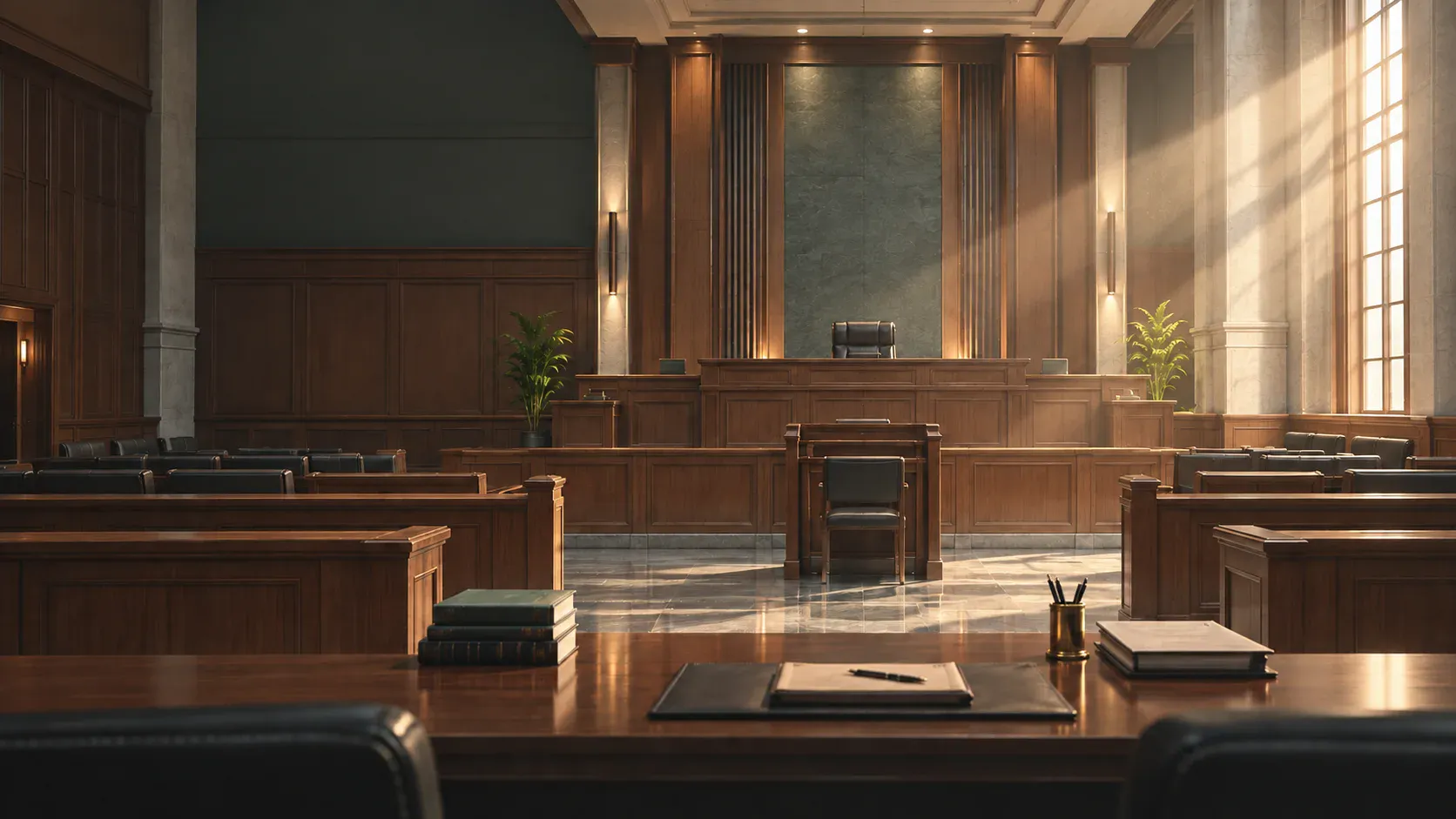 An empty courtroom in morning light