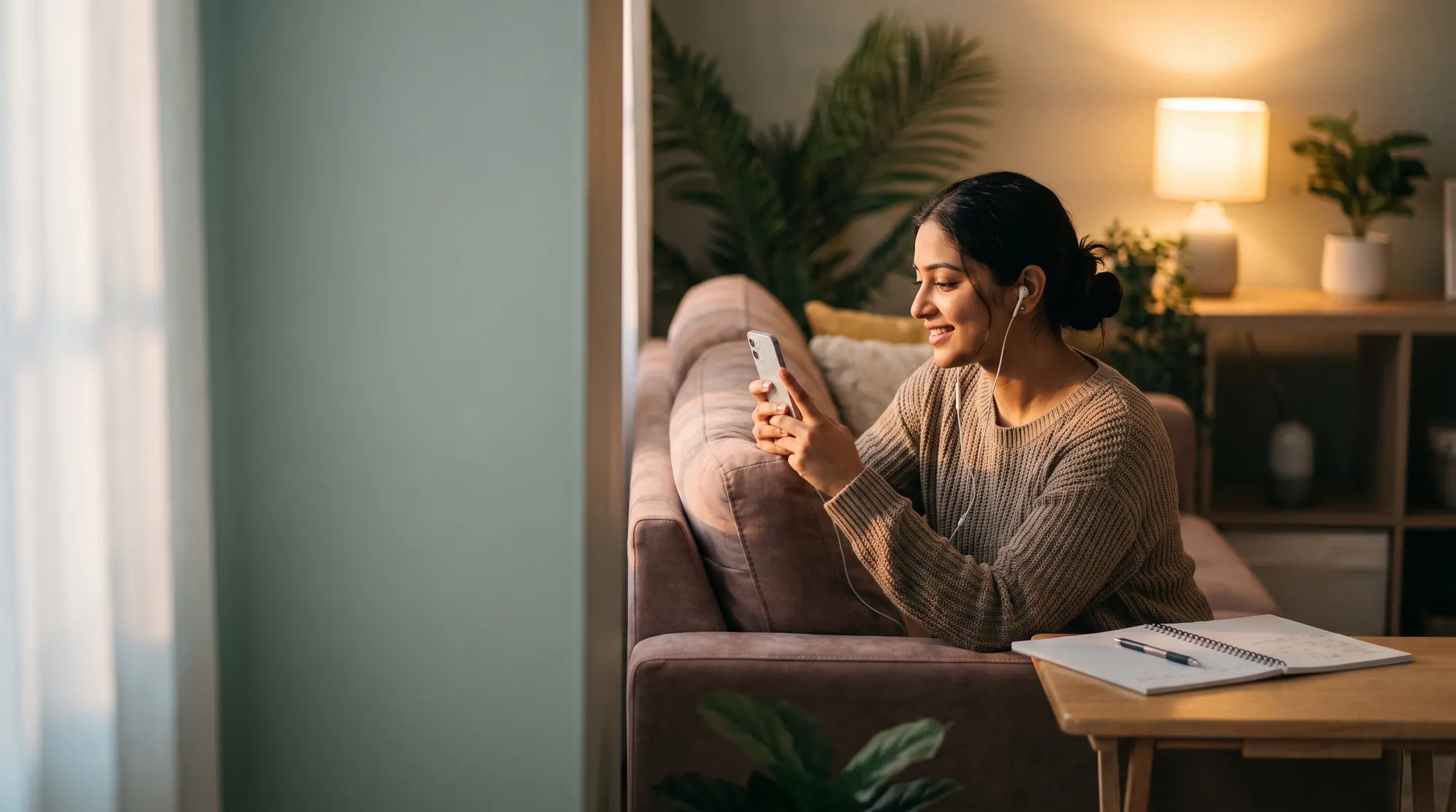A learner watching a lesson on a phone at home