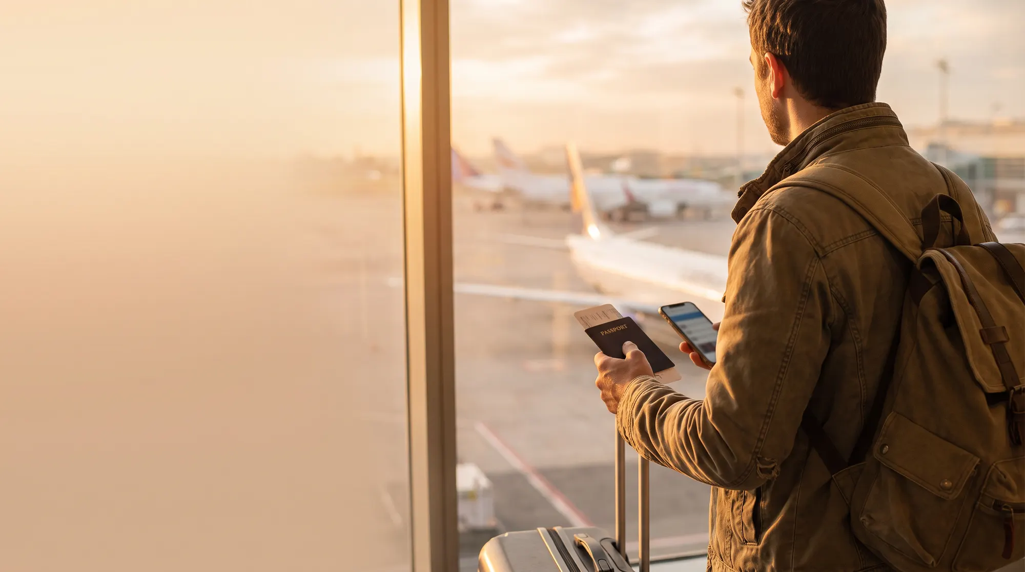 A traveller with a passport and phone at an airport window